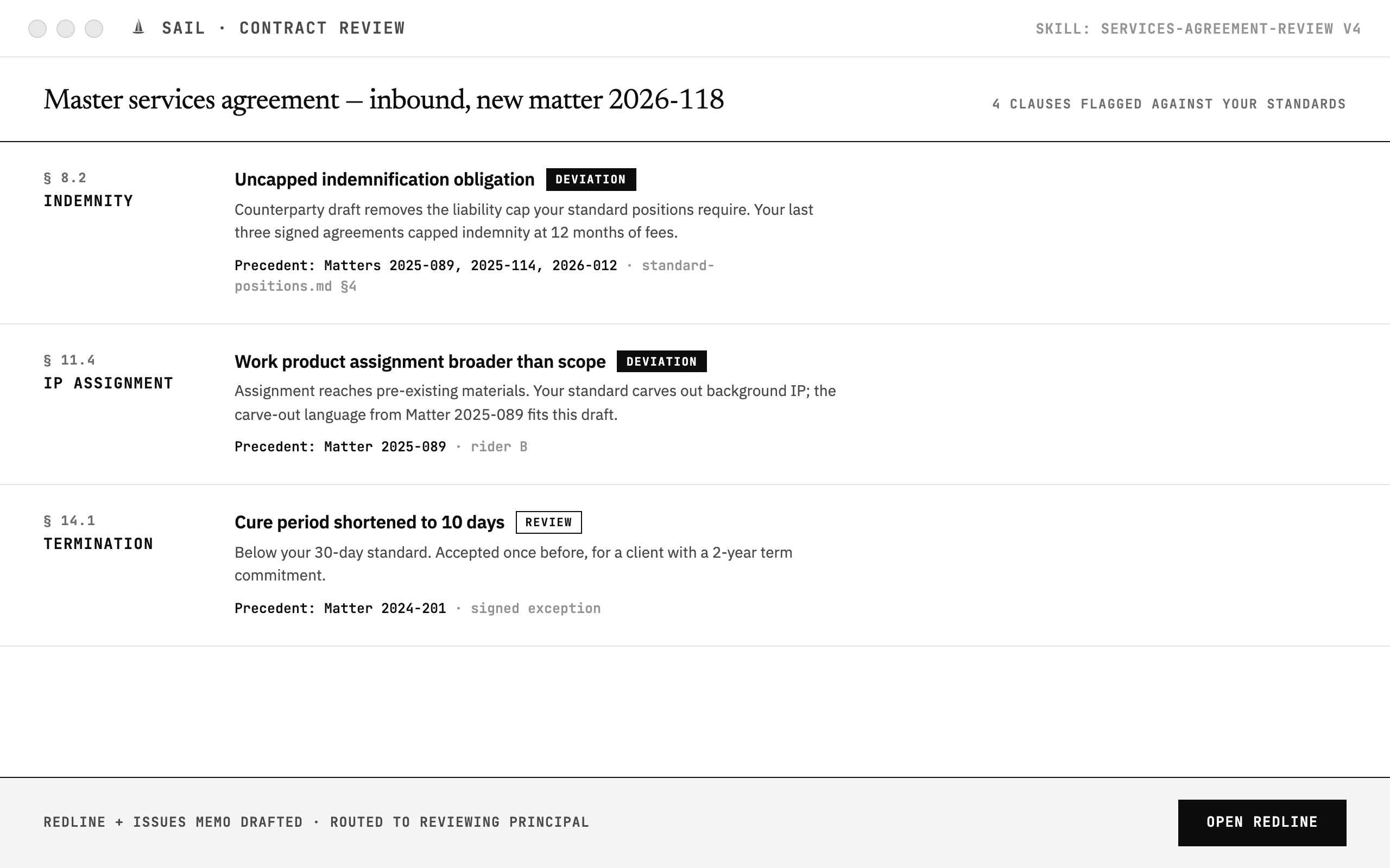 SAIL contract review: flagged clauses with precedent citations and a drafted redline