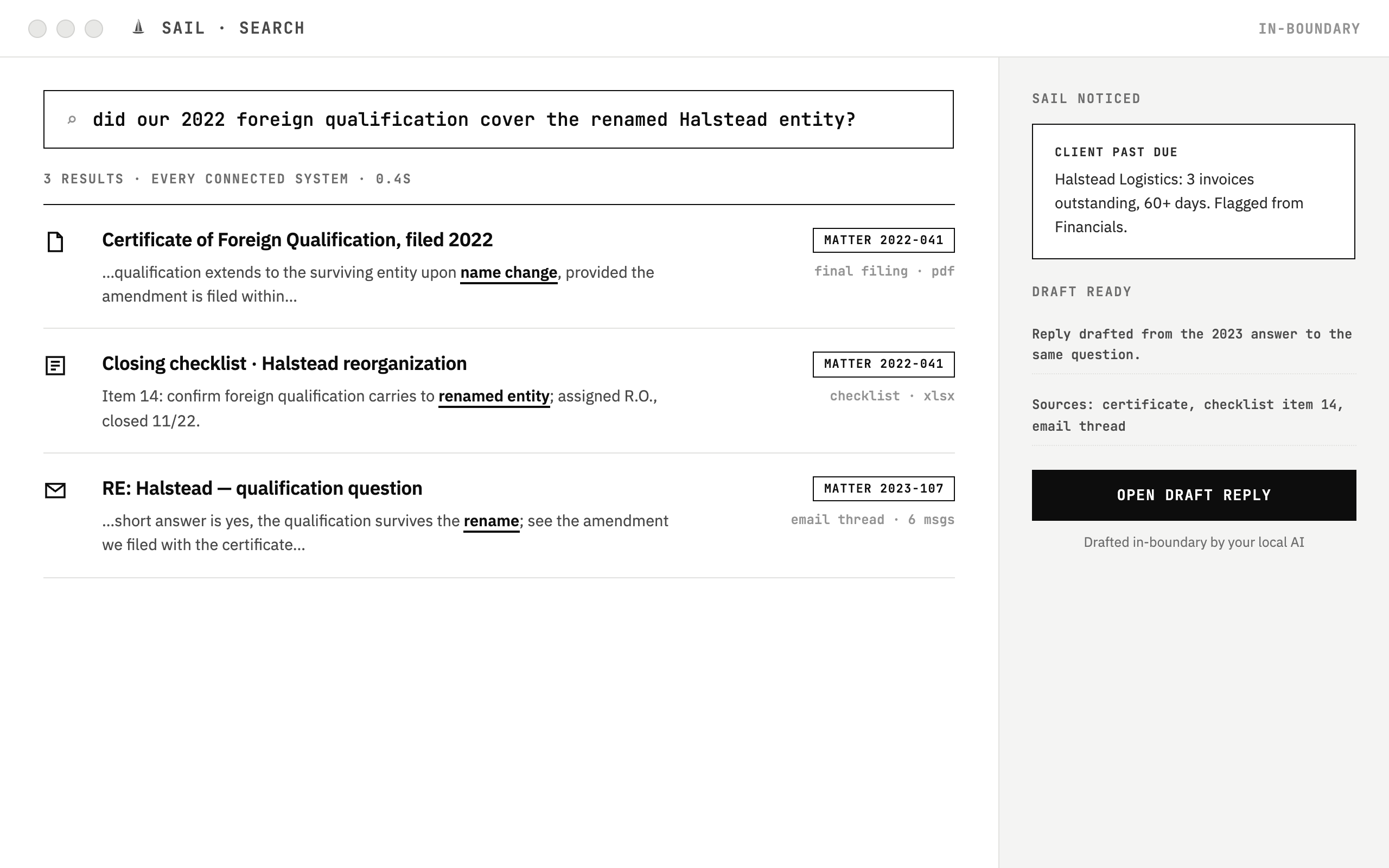 SAIL search results: three documents across two matters, with a past-due flag and a drafted reply
